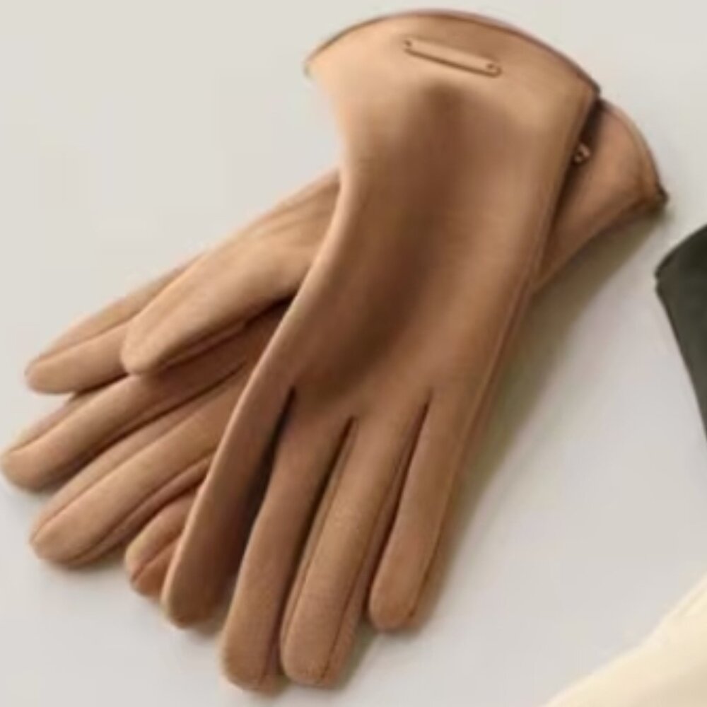 Women's Beautiful Faux Suede Thermal Touchscreen Gloves w/ Silky Lining in Camel - Picture 6 of 6